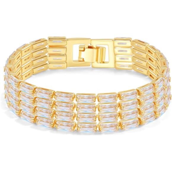 Gold Plated CZ Tennis Bracelet for Women Sparkly Adjustable Dainty Jewelry Gift - Picture 1 of 7